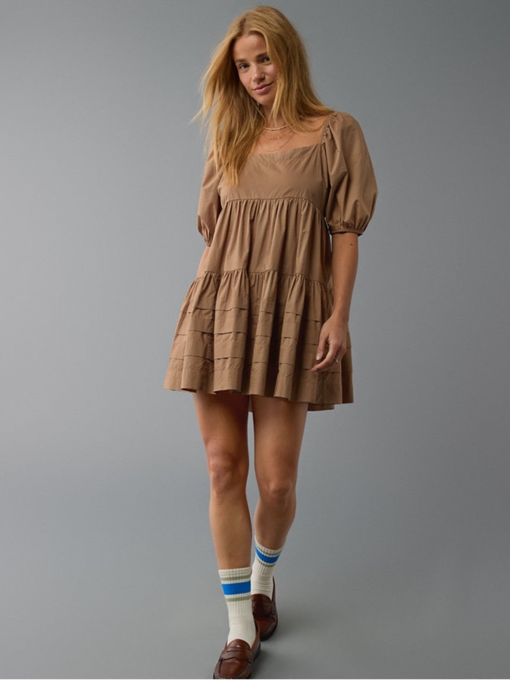 American Eagle Outfitters Brown Mini Puff Sleeve Dress, Size Medium, NWT